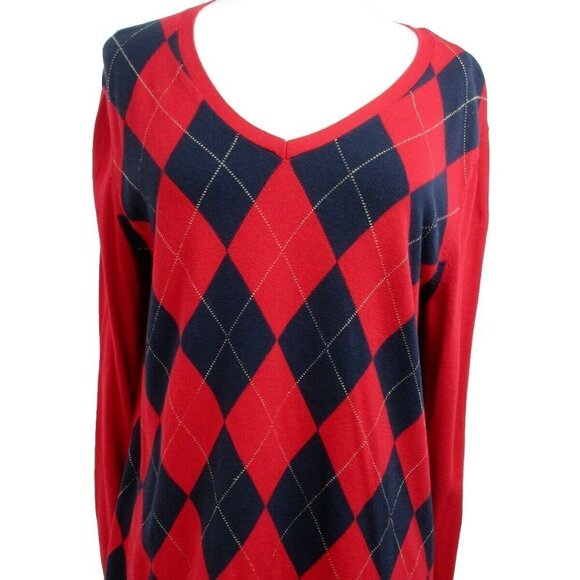 Tommy Hilfiger Sweater Women's Red Argyle Long Sleeve V-Neck Pullover Cotton XL - Picture 1 of 8